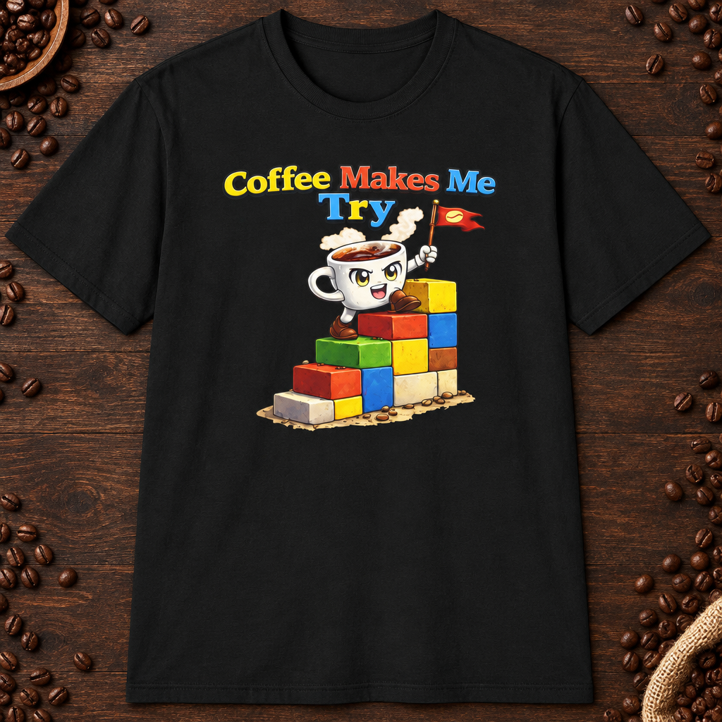 Coffee Makes Me Try 2 T-Shirt in Navy, zoomed lifestyle mockup