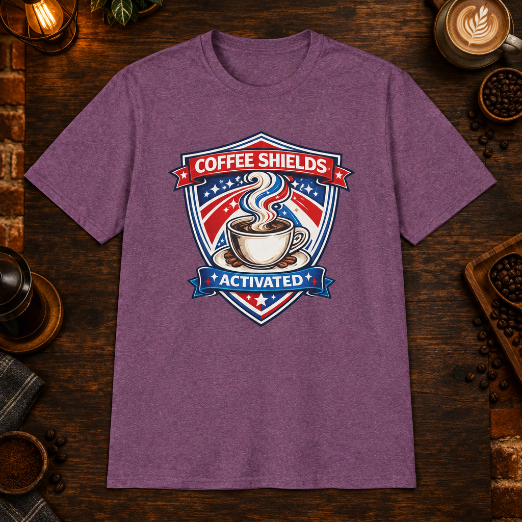 Coffee Shields Activated T-Shirt in White, zoomed lifestyle mockup