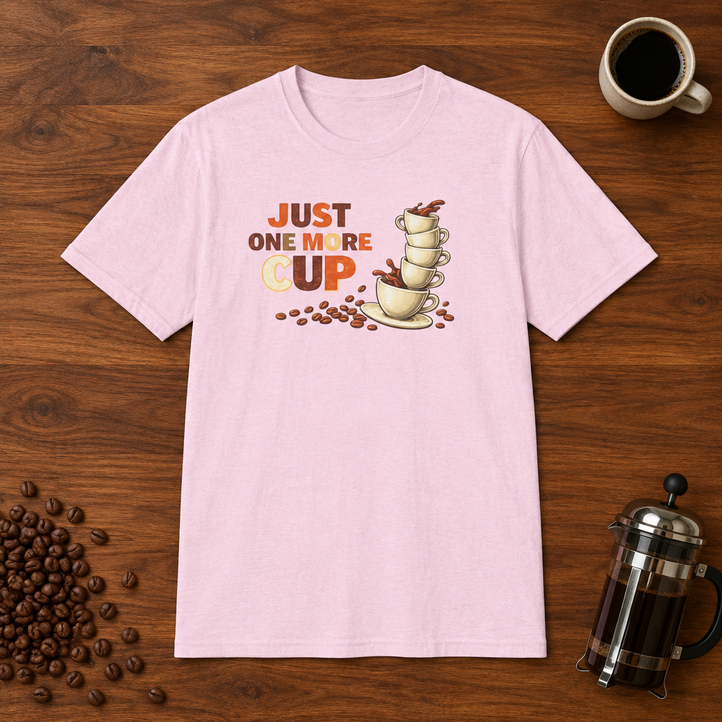 Just One More Cup T-Shirt Light Pink coffee-bar flat lay
