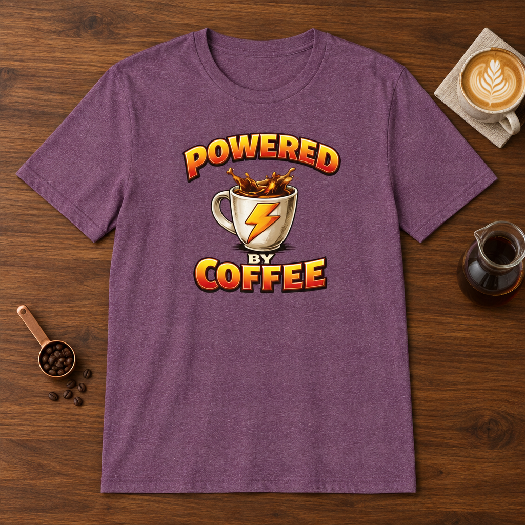 Powered by Coffee T-Shirt Heather Maroon coffee bar mockup