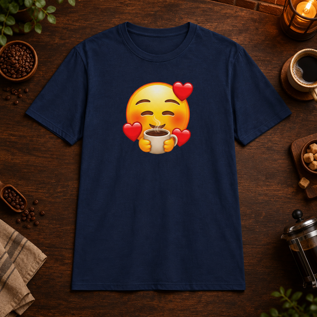 Coffee Lover T-Shirt in Navy, coffee bar flat lay mockup