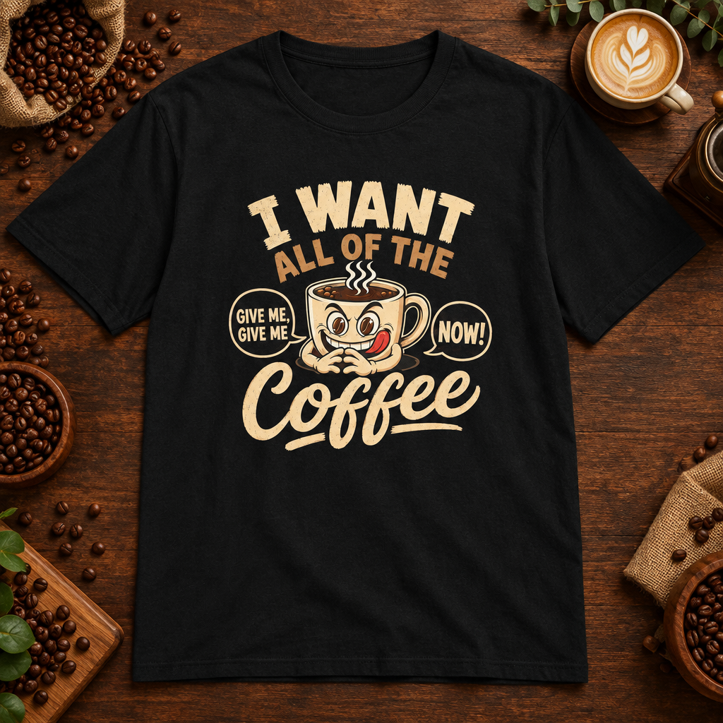 I Want All of the Coffee T-Shirt Black on warm coffee bar