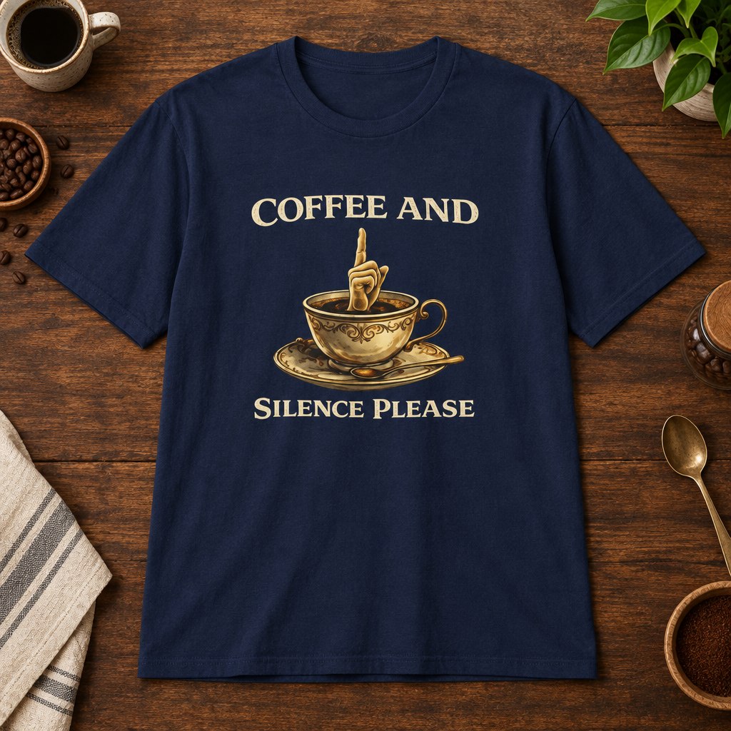 Coffee and Silence Please T-Shirt Navy coffee-bar flat lay