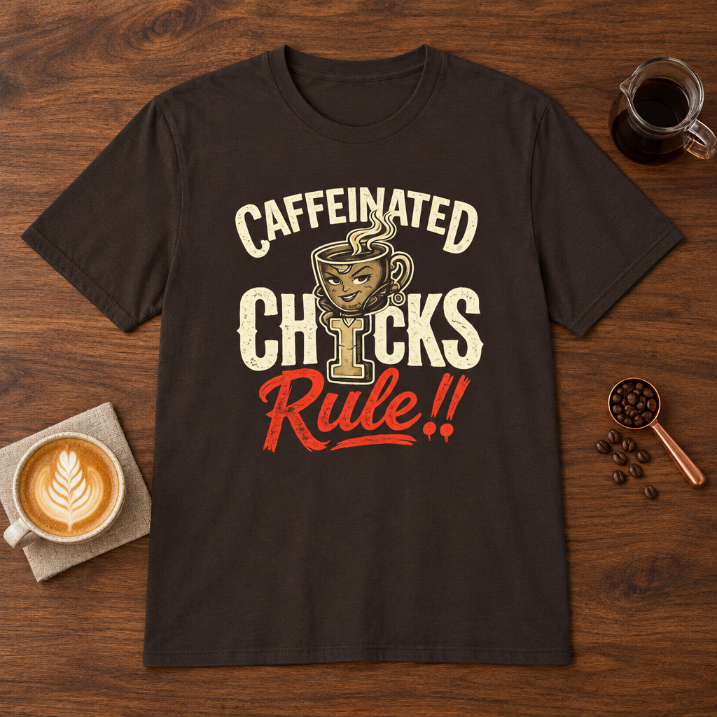 Caffeinated Chicks T-Shirt Dark Chocolate coffee bar mockup