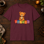 Teddy Bear T-Shirt in Maroon, coffee bar flat lay mockup