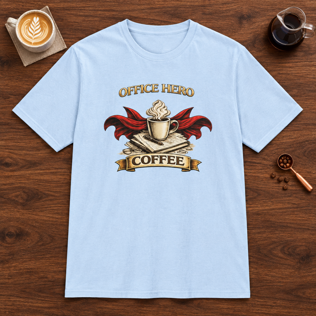Office Hero Coffee T-Shirt Light Blue coffee bar mockup
