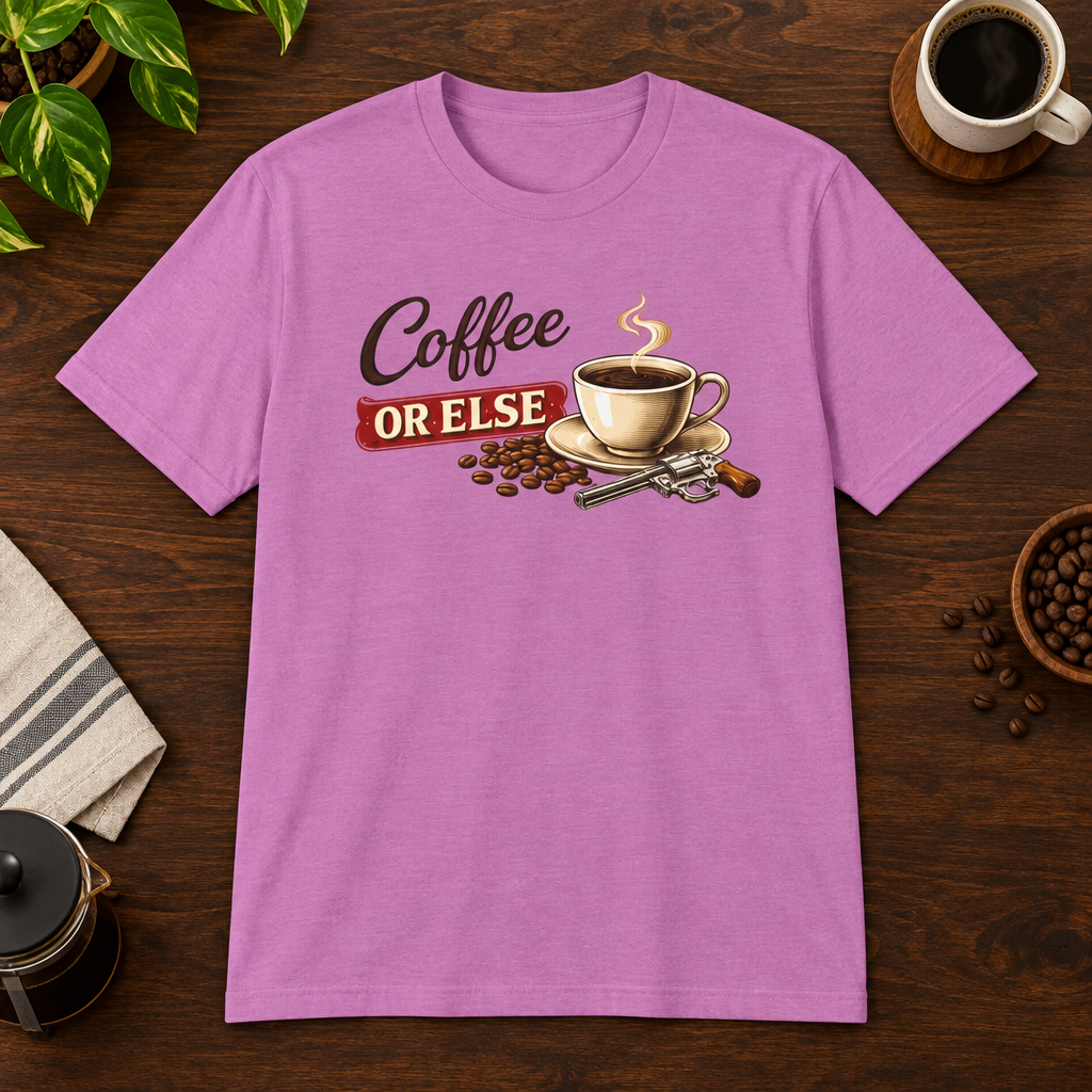 Coffee or Else T-Shirt Heather Radiant Orchid short-sleeve coffee-bar flat lay