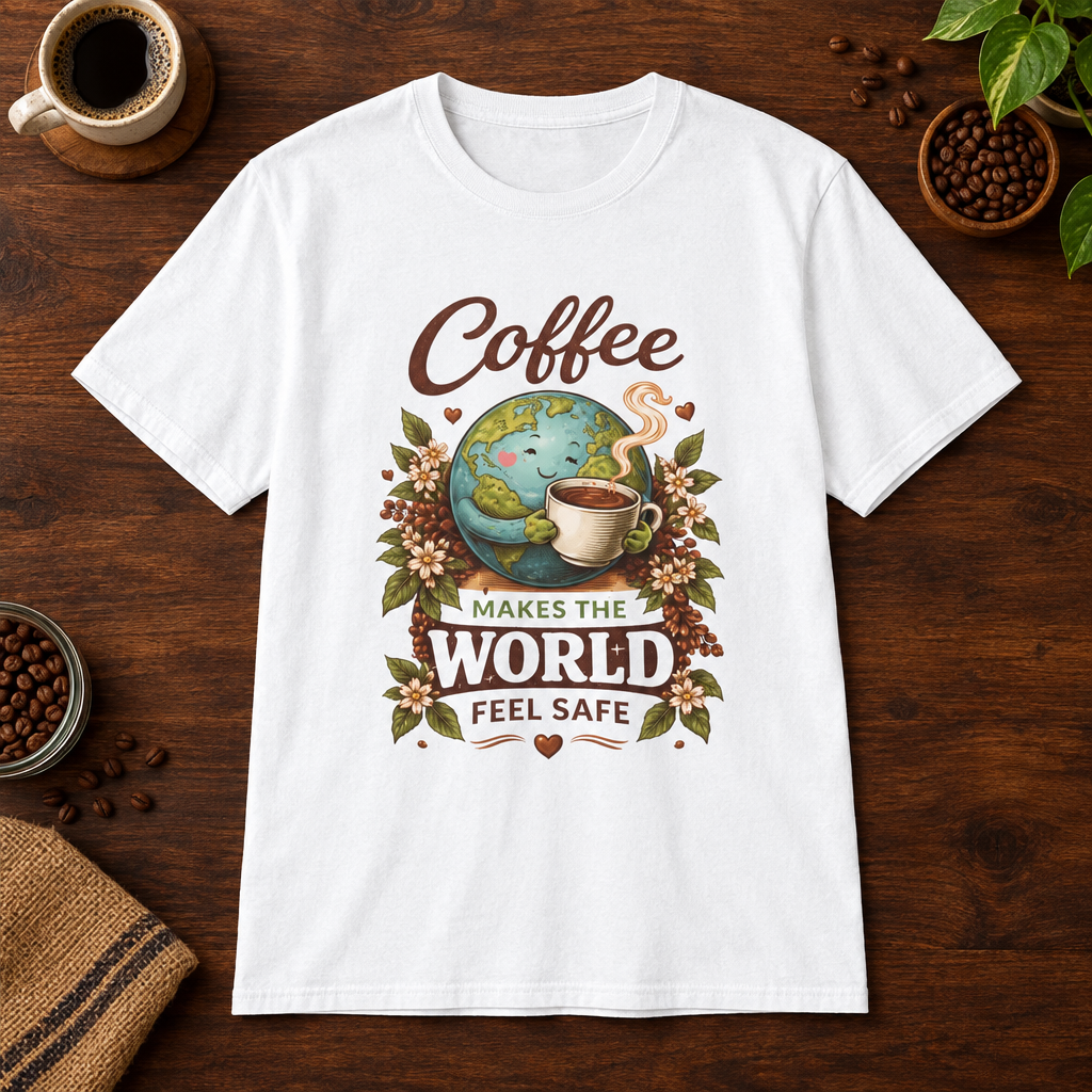 Coffee Safety T-Shirt White short-sleeve coffee-bar flat lay