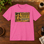 Warning Sign T-Shirt Heather Heliconia coffee-bar flat lay, Sport Grey-matched framing