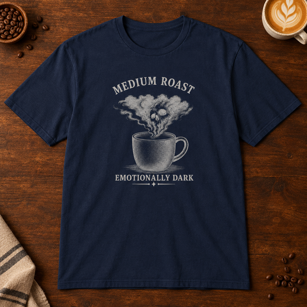 Medium Roast T-Shirt in Navy on a dark wood coffee bar