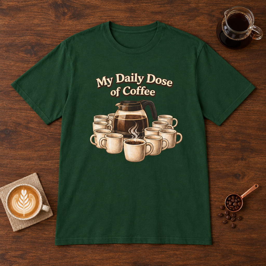 Daily Dose T-Shirt Forest Green coffee bar mockup