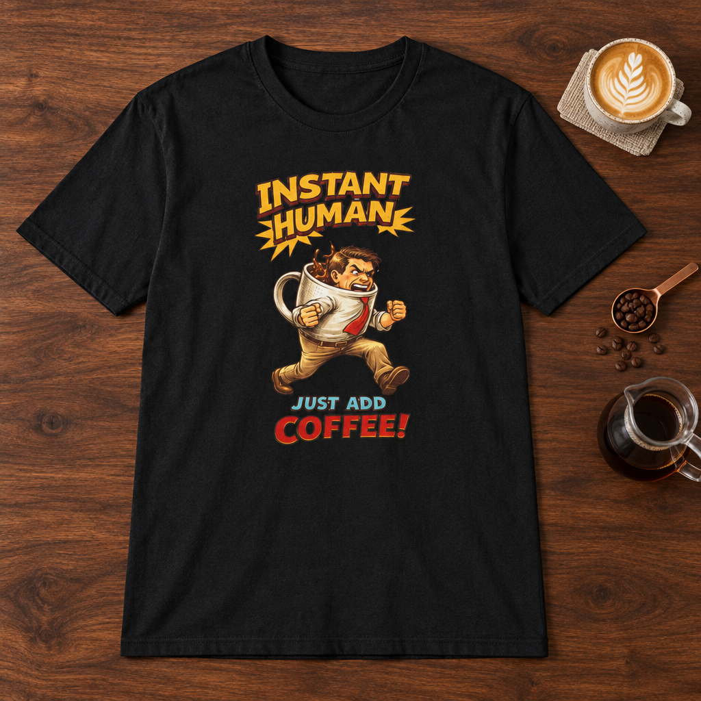 Instant Man T-Shirt Black coffee bar mockup