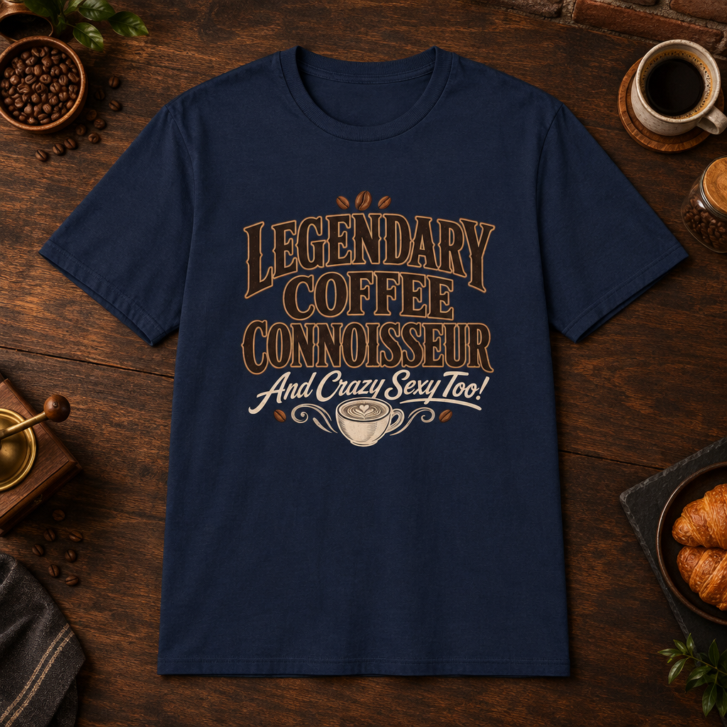 Legendary Coffee Connoisseur T-Shirt in Navy, coffee bar flat lay mockup