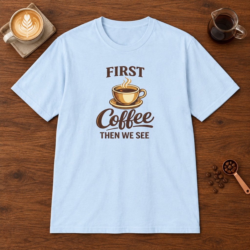 First Coffee Then We See T-Shirt Light Blue coffee bar mockup