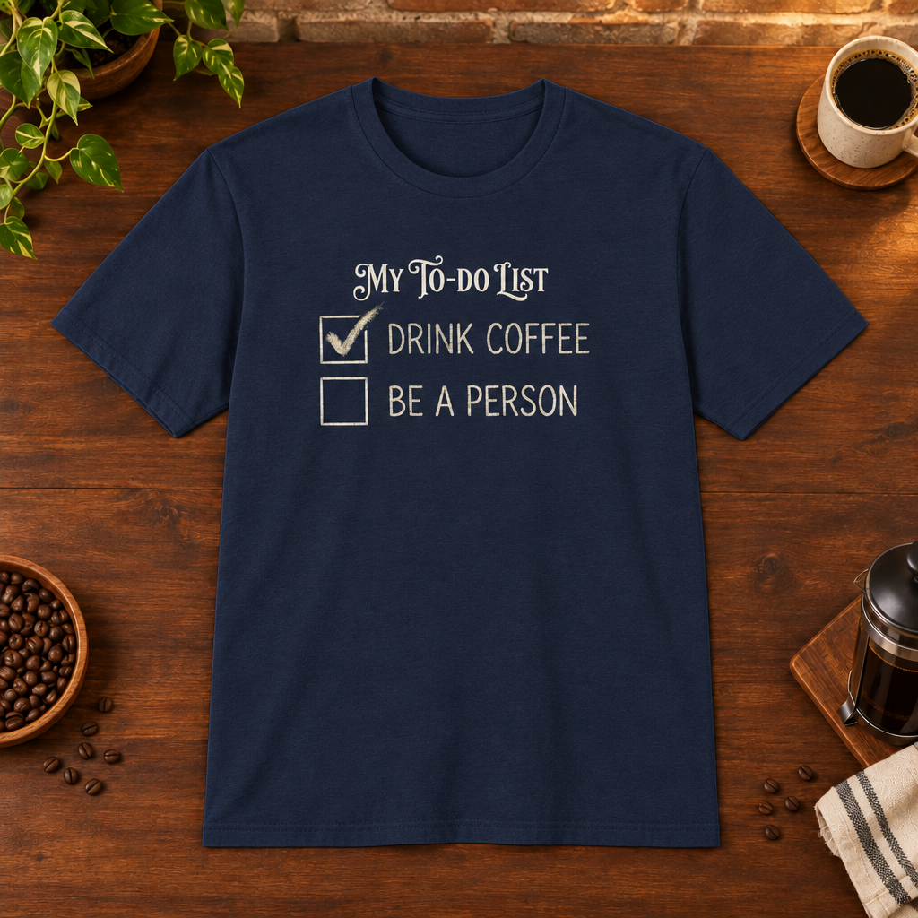 My To Do List T-Shirt Navy coffee-bar flat lay, consistent framing
