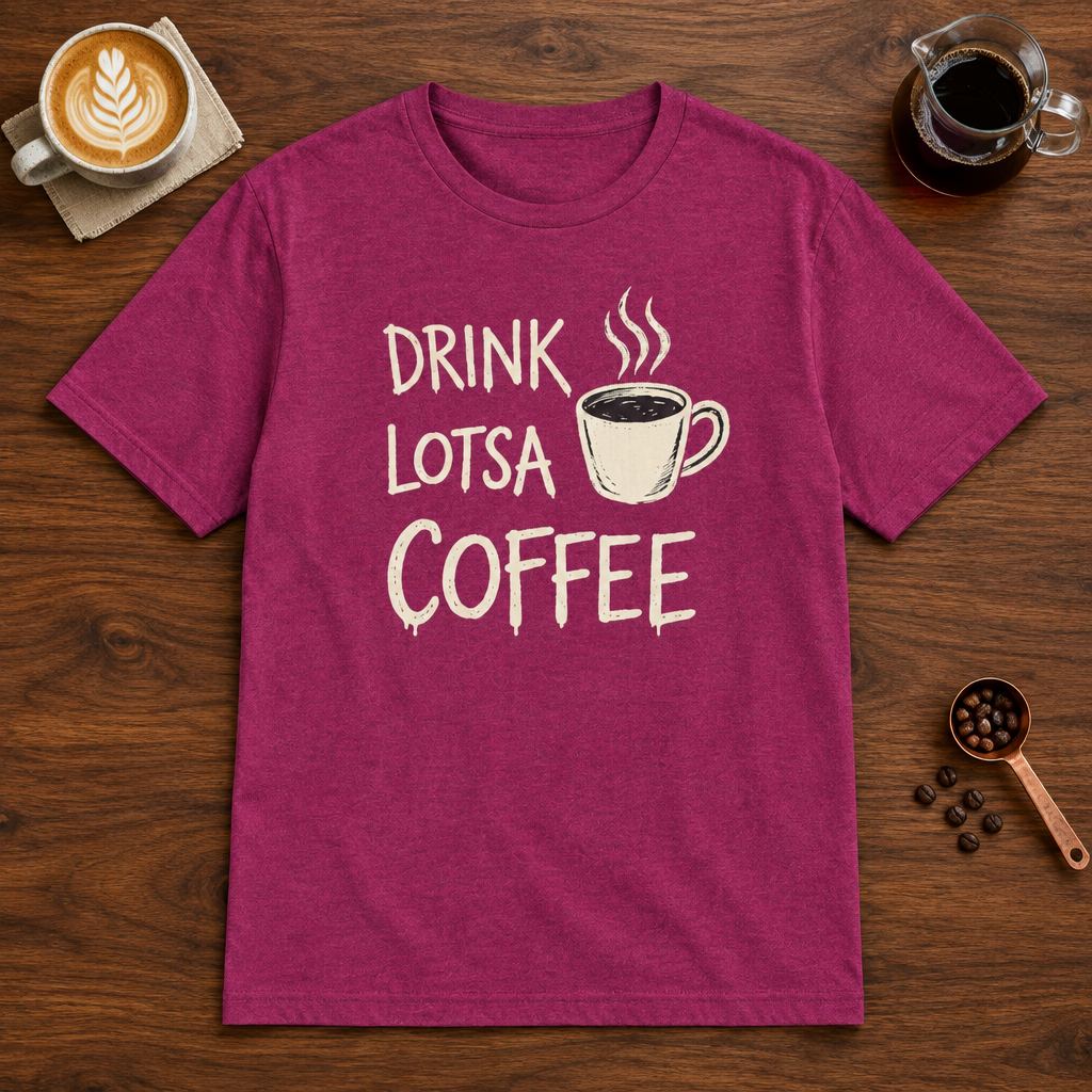 Drink Lotsa Coffee-Dark T-Shirt Antique Heliconia coffee bar mockup