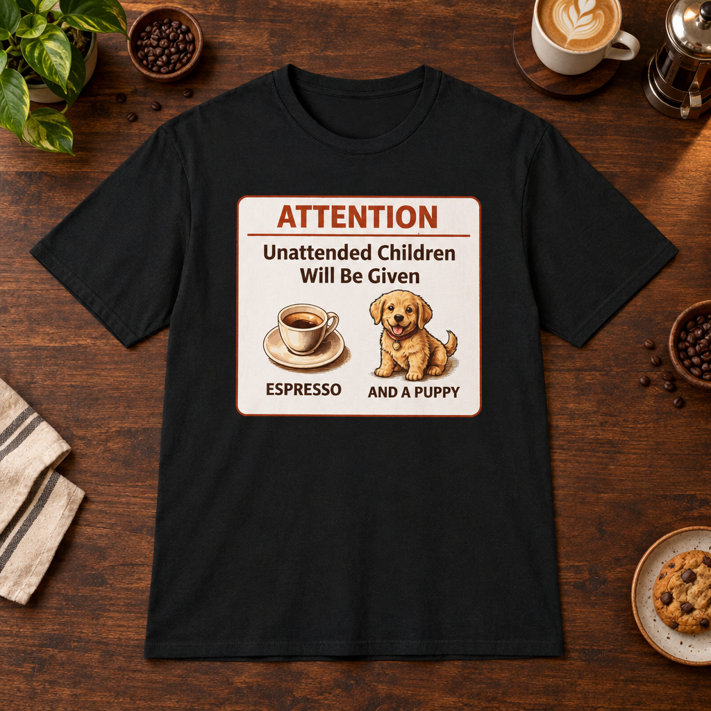 Espresso and Puppies T-Shirt Black short-sleeve coffee-bar flat lay