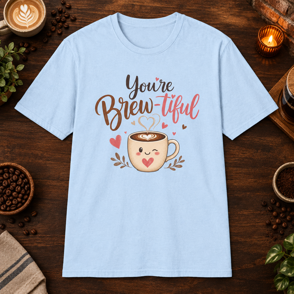 You’re Brew-tiful T-Shirt in Light Blue, overhead coffee-bar flat-lay mockup