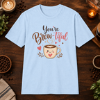 You’re Brew-tiful T-Shirt in Light Blue, overhead coffee-bar flat-lay mockup