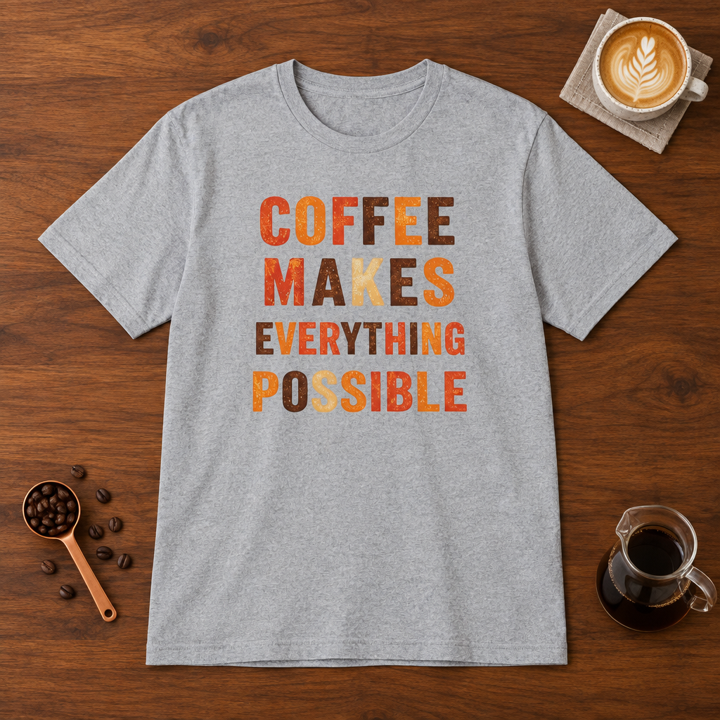 Coffee Makes Everything Possible text print T-Shirt Sport Grey flat lay on walnut coffee bar