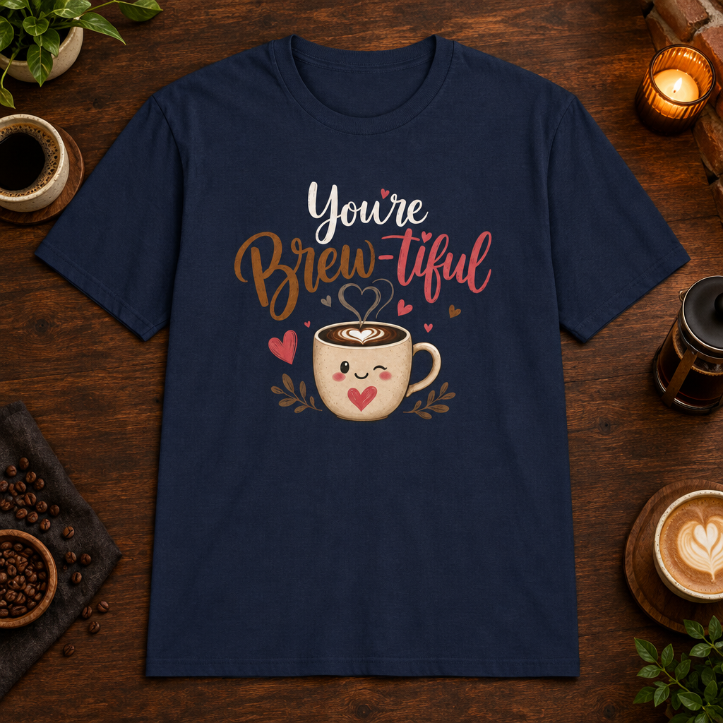 You’re Brew-tiful T-Shirt in Navy, overhead coffee-bar flat-lay mockup