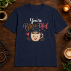 You’re Brew-tiful T-Shirt in Navy, overhead coffee-bar flat-lay mockup