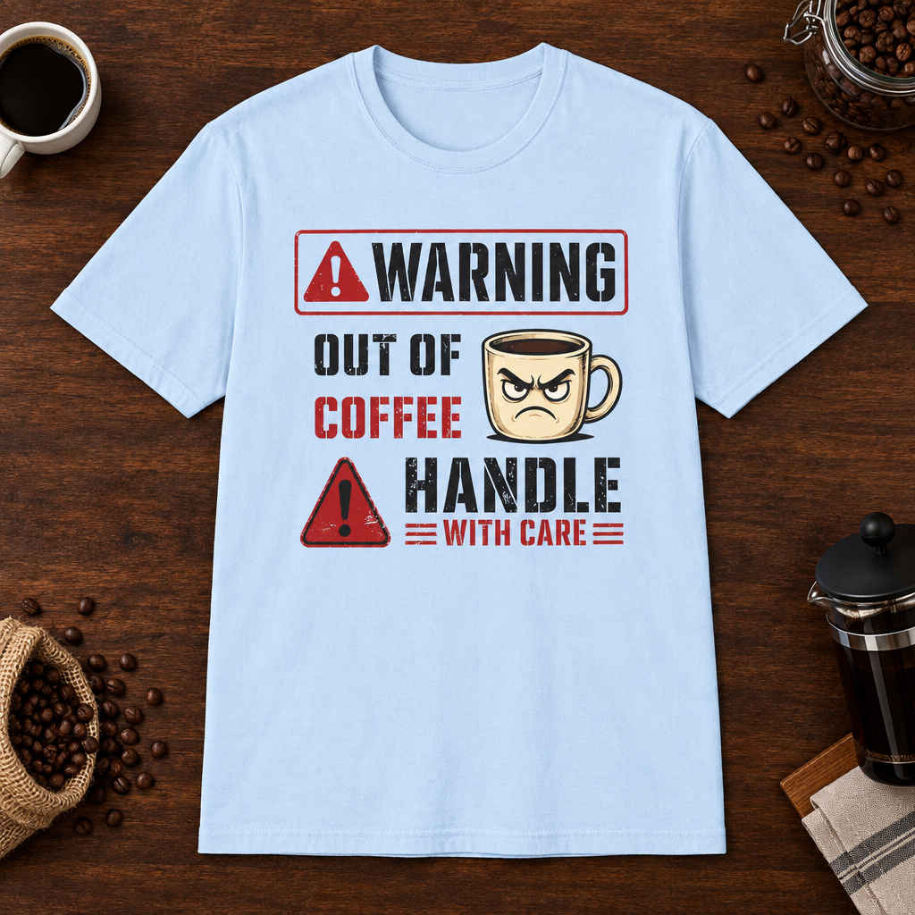 Warning Out of Coffee T-Shirt Light Blue short-sleeve coffee-bar flat lay