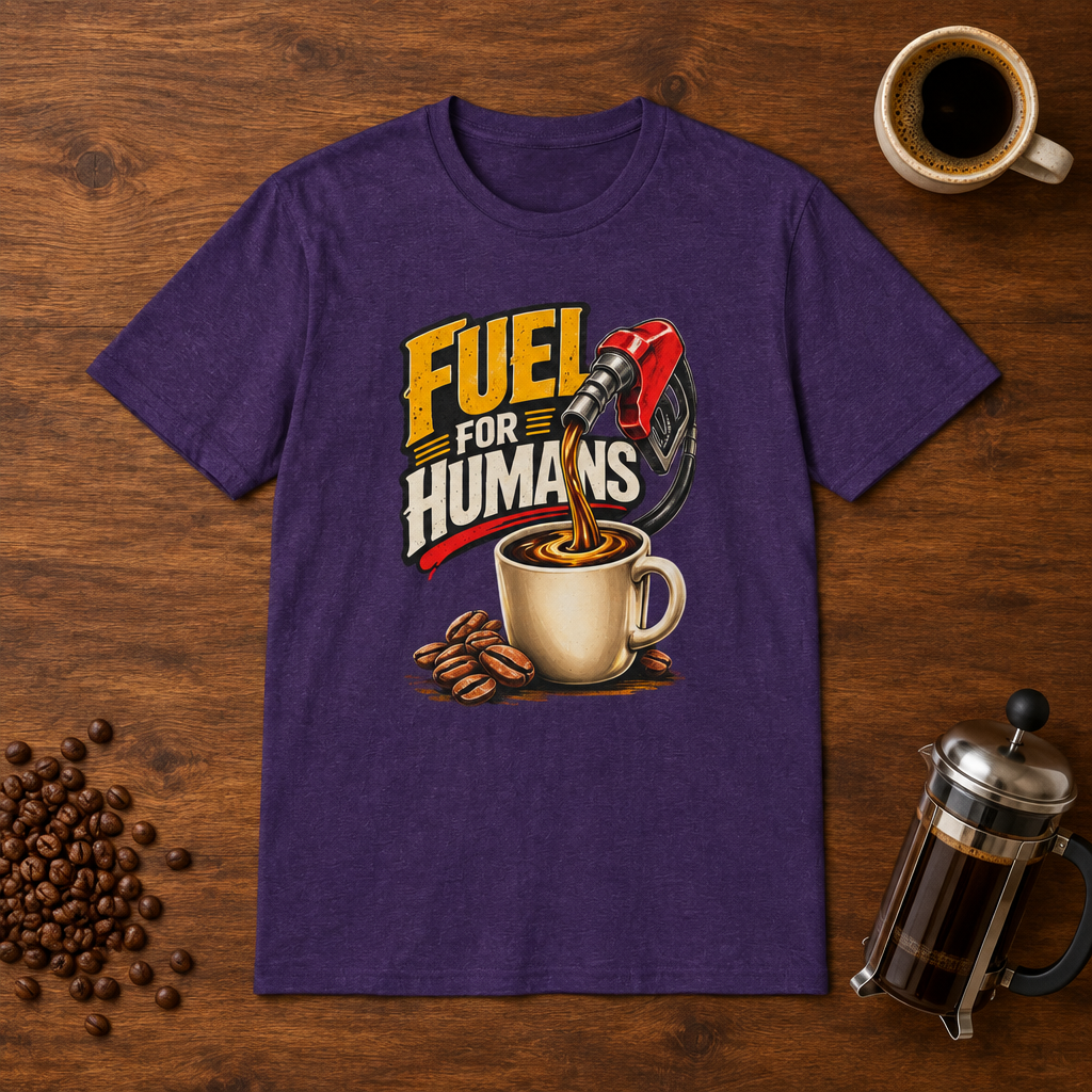 Fuel For Humans T-Shirt Purple coffee-bar flat lay