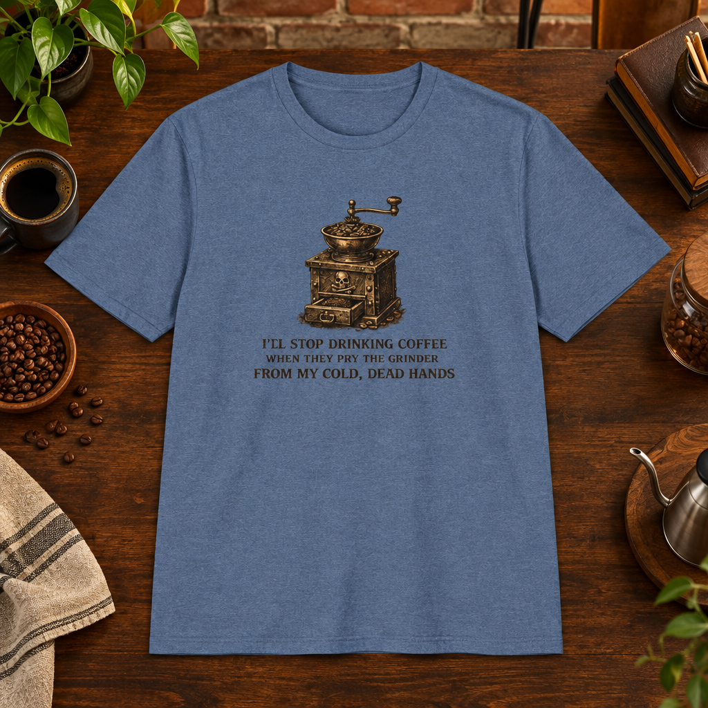 I'll Stop Drinking T-Shirt Heather Indigo close-fill short-sleeve coffee-bar flat lay