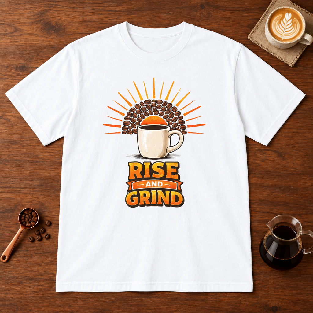 Rise and Grind T-Shirt White flat lay on walnut coffee bar
