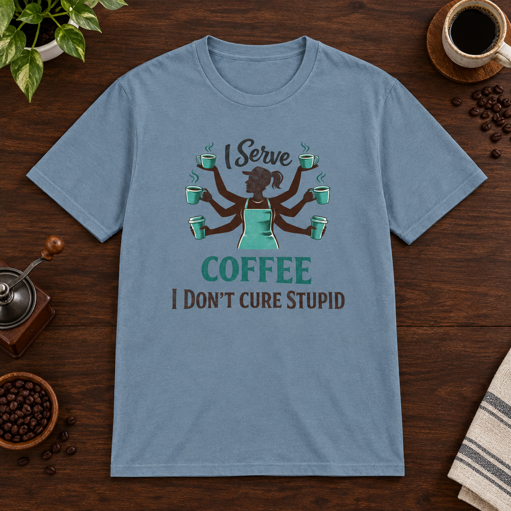 I Serve Coffee T-Shirt Stone Blue short-sleeve coffee-bar flat lay