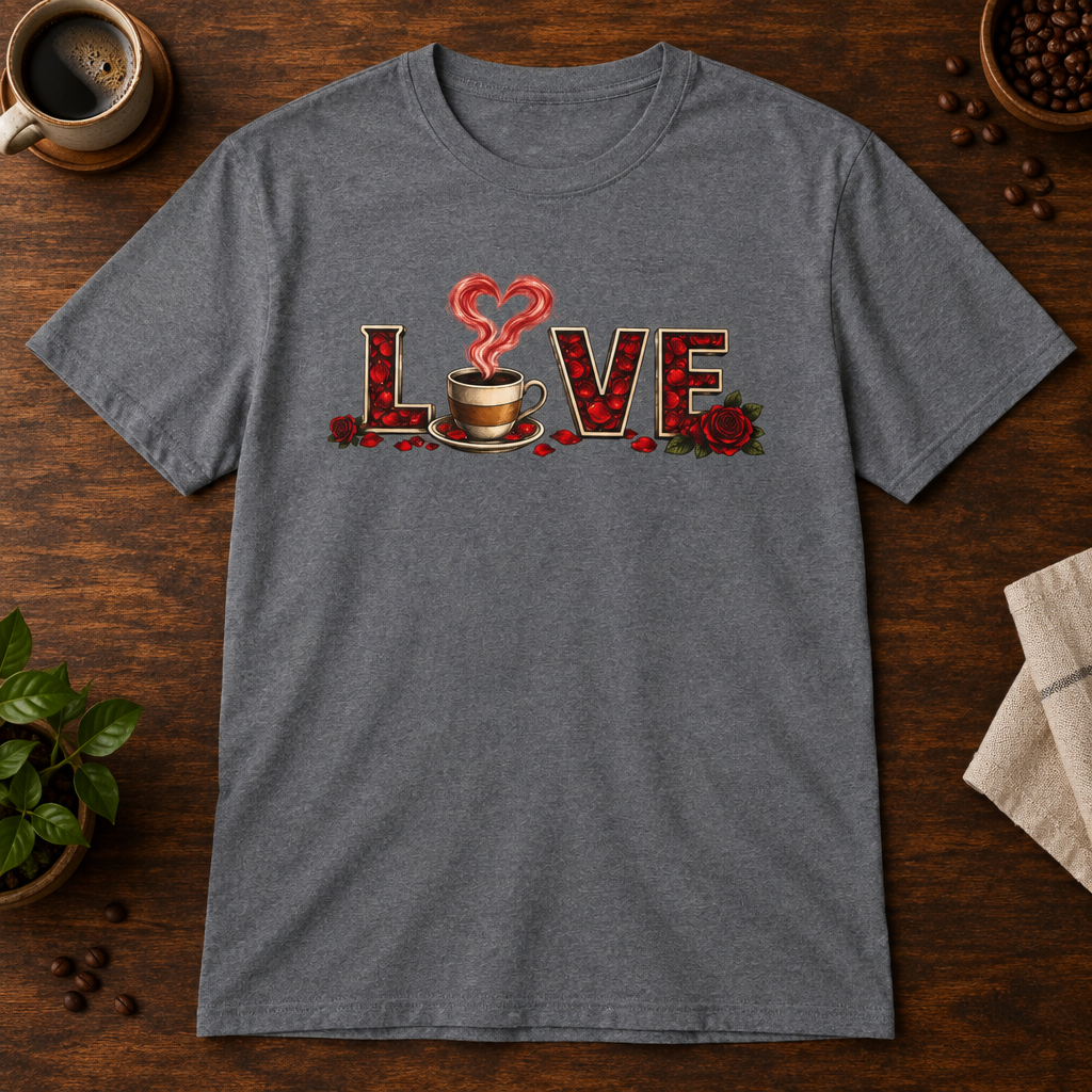 Love T-Shirt Graphite Heather coffee-bar flat lay