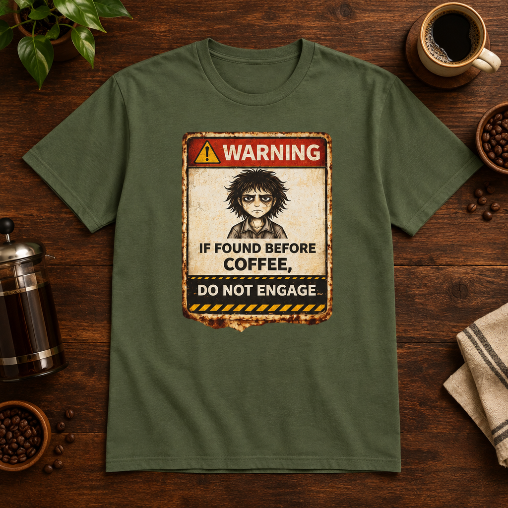 Warning T-Shirt Military Green short-sleeve coffee-bar flat lay