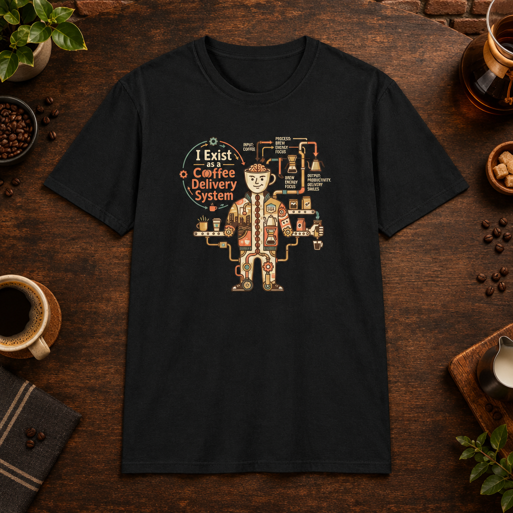 Coffee Delivery System T-Shirt in Black, coffee bar flat lay mockup