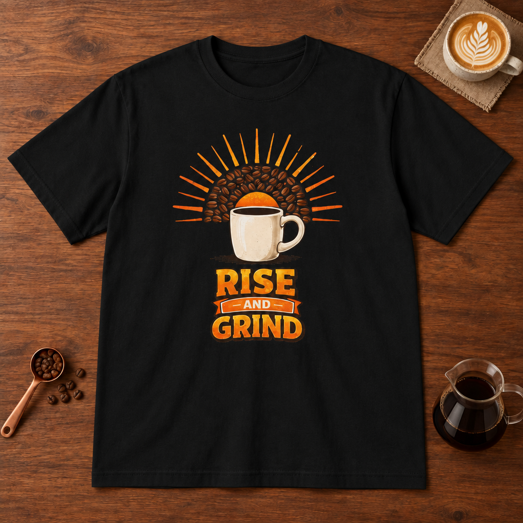 Rise and Grind T-Shirt Black flat lay on walnut coffee bar