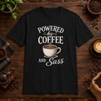 Powered by Coffee T-Shirt in Black, coffee bar flat lay mockup