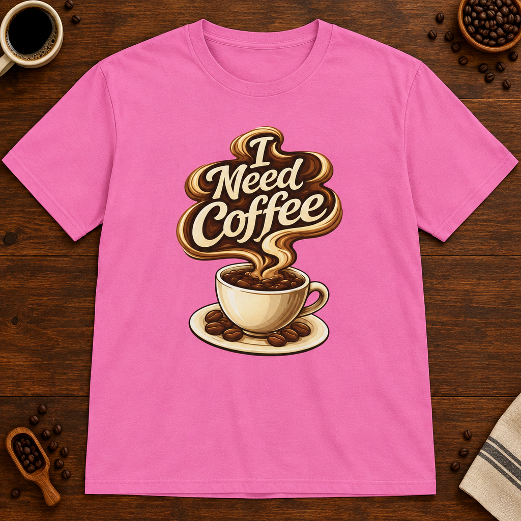 I Need Coffee T-Shirt Azalea close-fill short-sleeve coffee-bar flat lay