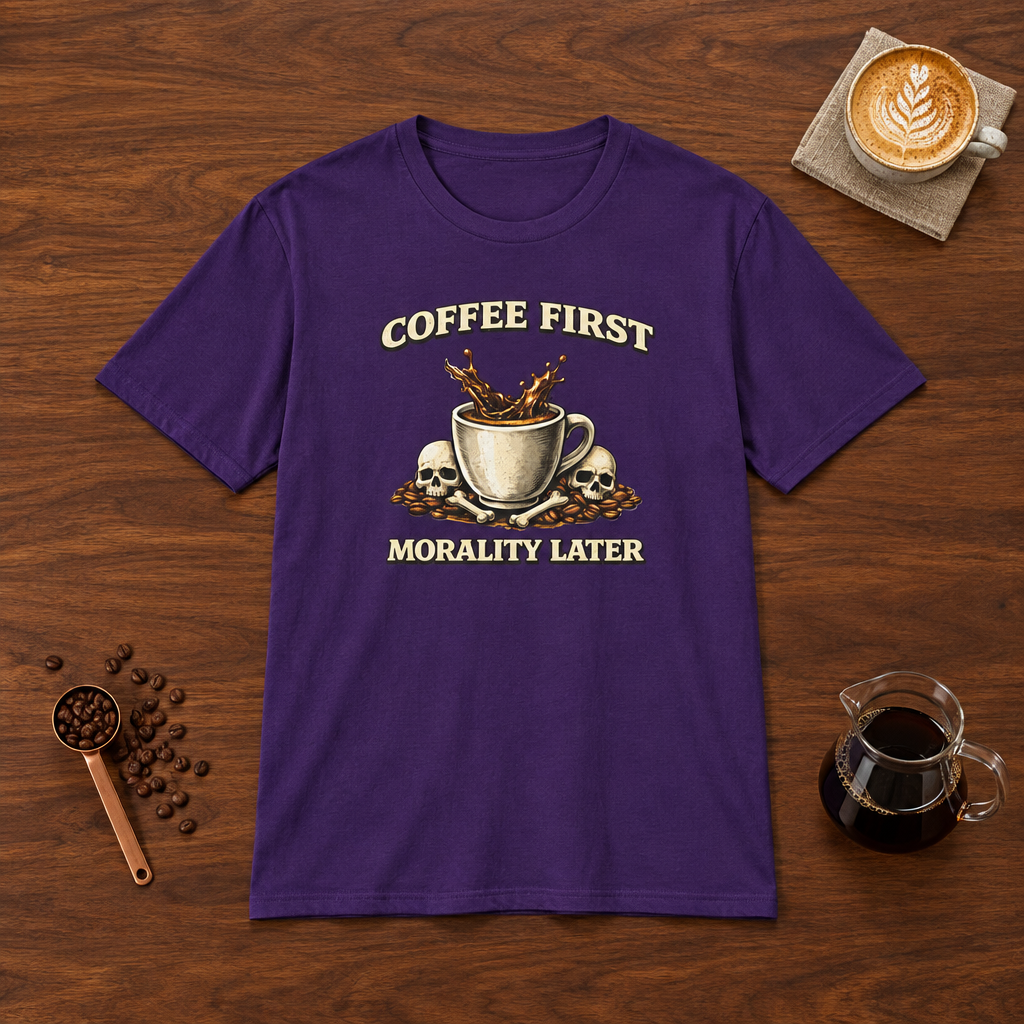 Coffee First Morality Later T-Shirt Purple flat lay on walnut coffee bar