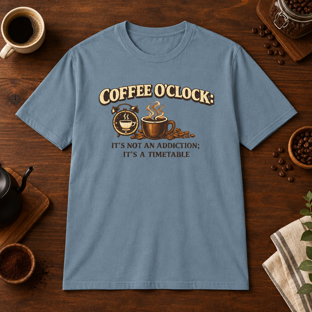 Coffee O'Clock T-Shirt Stone Blue short-sleeve coffee-bar flat lay