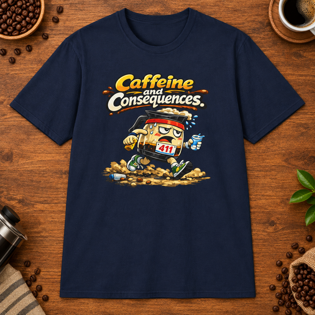 Caffeine and Consequences 2 T-Shirt in White, zoomed lifestyle mockup