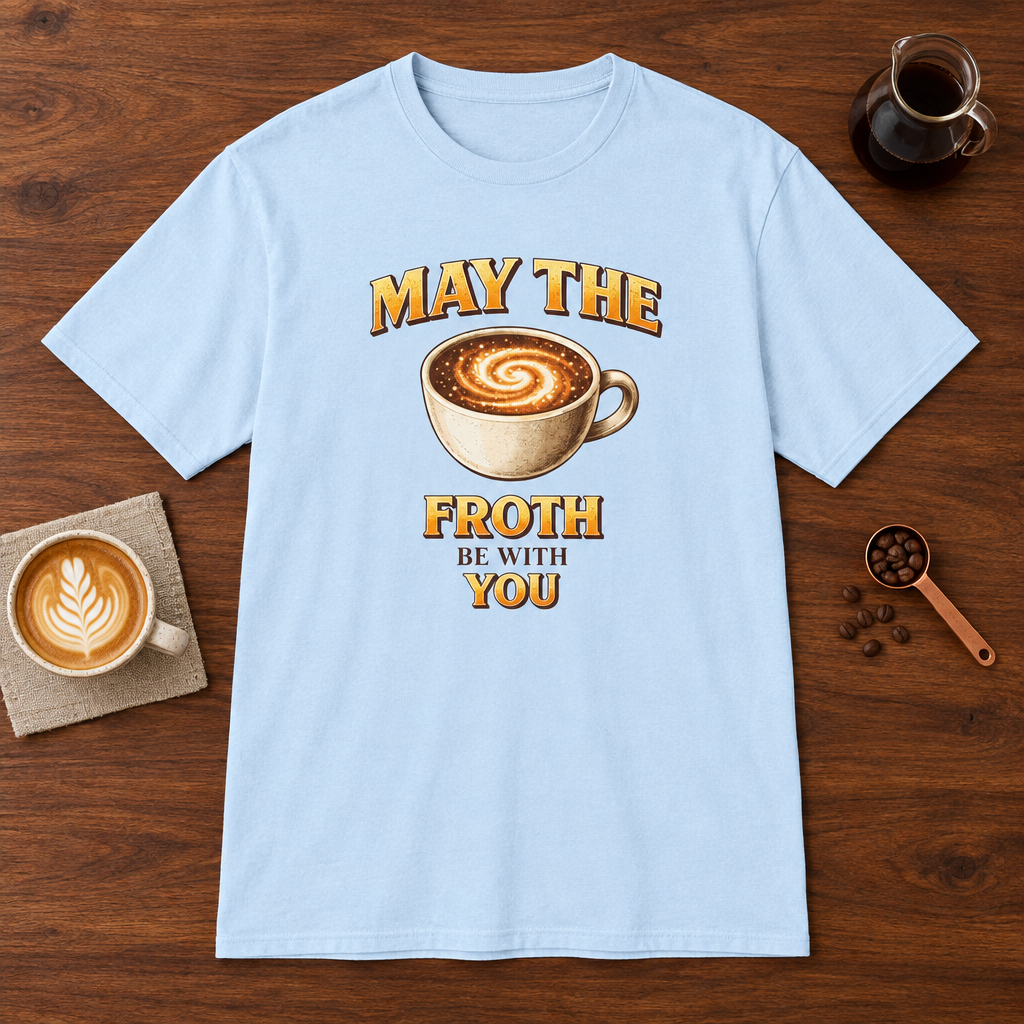 May the Froth Be With You T-Shirt Light Blue coffee bar mockup