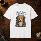 I Don't Know If I'll Make It T-Shirt in White, overhead coffee-bar flat-lay mockup