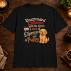 Espresso and a Puppy T-Shirt in Black, overhead coffee-bar flat-lay mockup