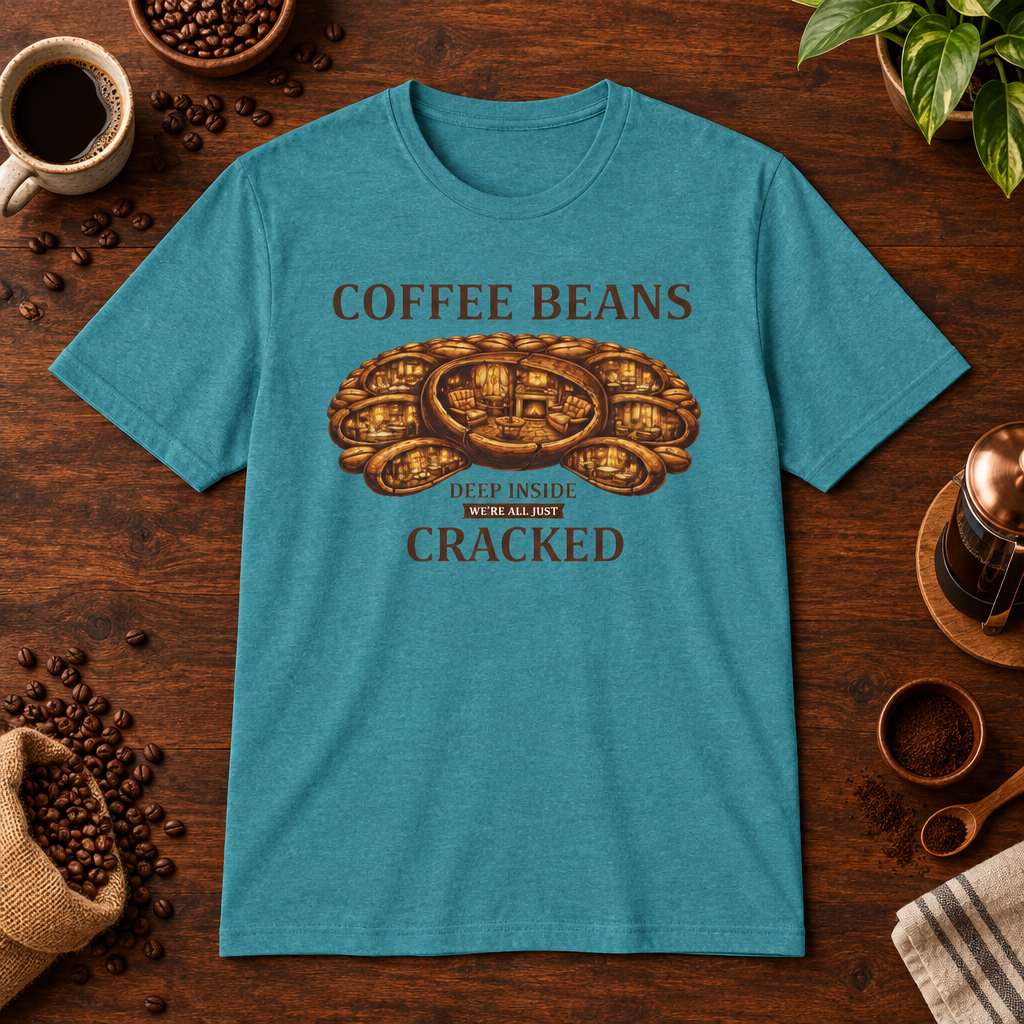 Coffee Beans T-Shirt Heather Galapagos Blue short-sleeve coffee-bar flat lay