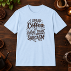I Speak Coffee T-Shirt in Light Blue, coffee bar flat lay mockup