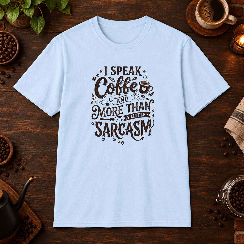 I Speak Coffee T-Shirt in Light Blue, coffee bar flat lay mockup