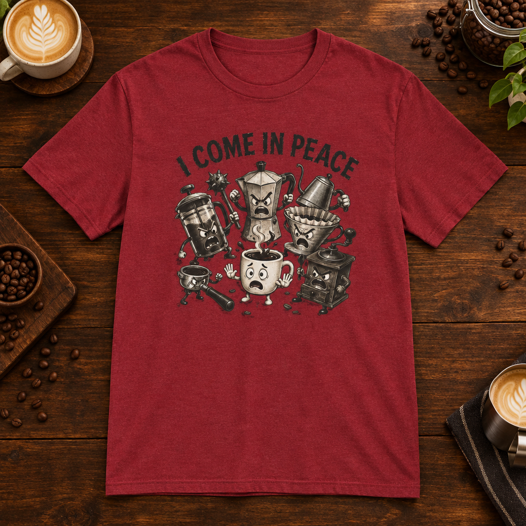 I Come in Peace T-Shirt Antique Cherry Red on warm coffee bar