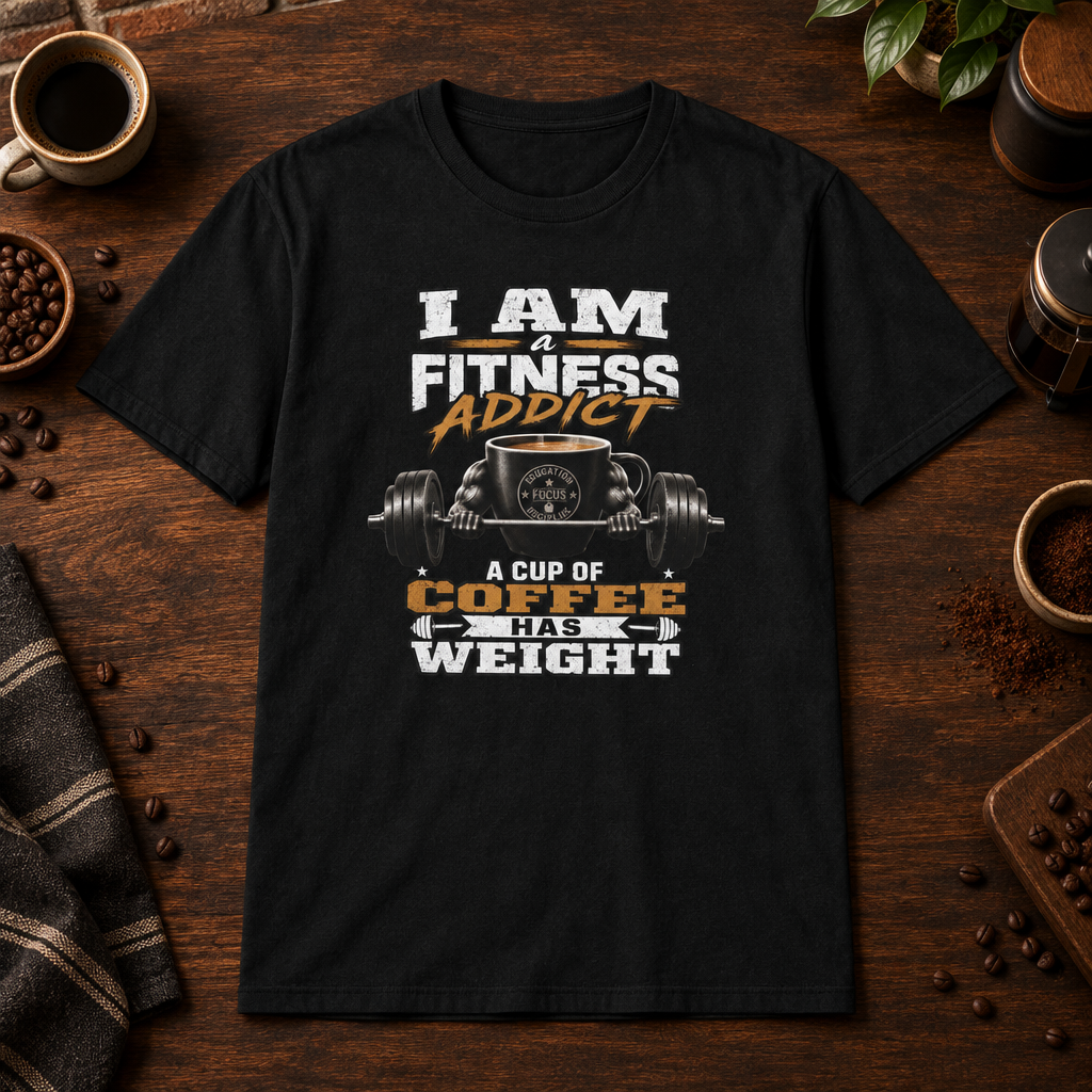 I Am a Fitness Addict T-Shirt in Black, coffee bar flat lay mockup