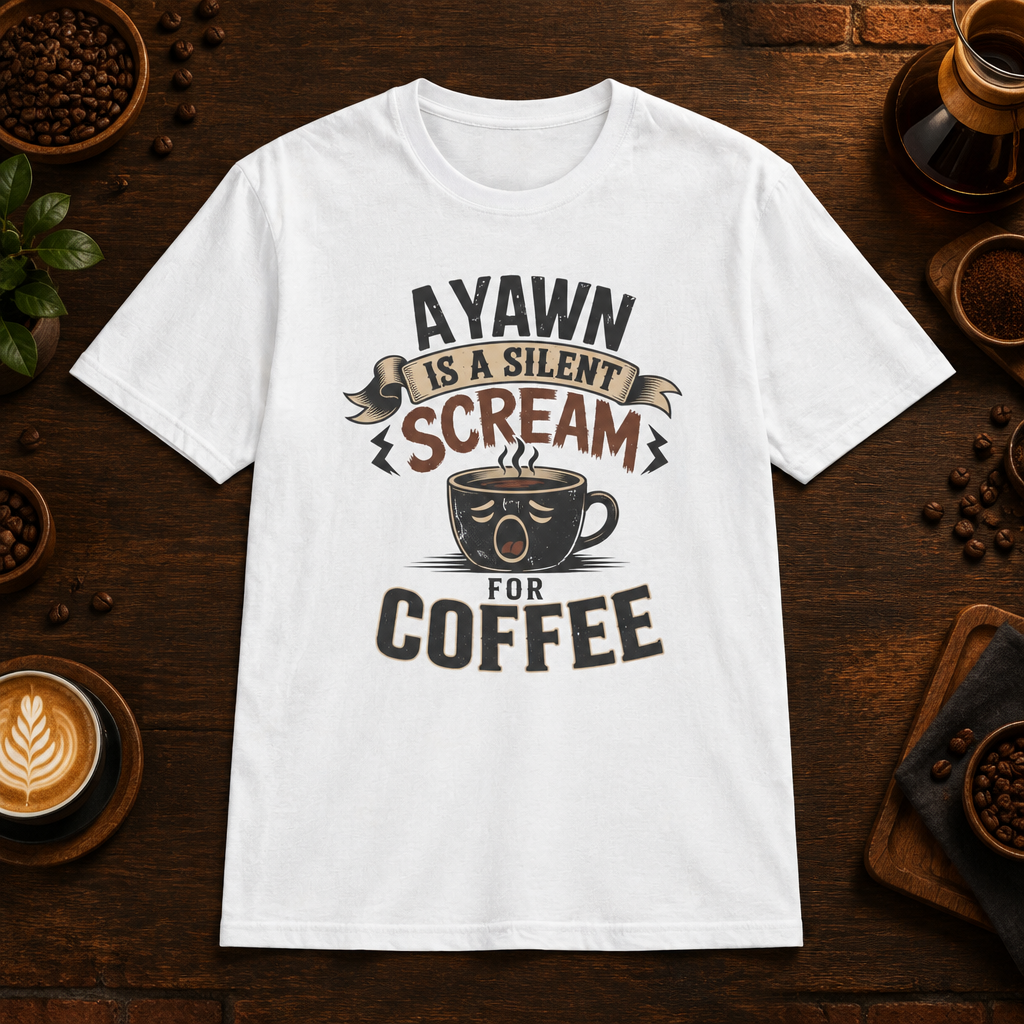 A Yawn for a Coffee Cup T-Shirt in White, coffee bar flat lay mockup