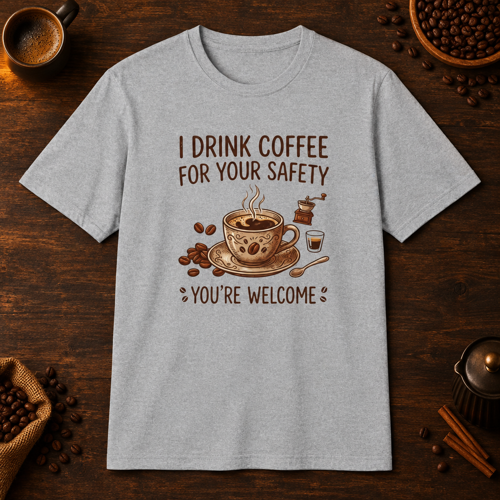 I Drink Coffee for Your Safety T-Shirt in Sport Grey, overhead coffee-bar flat-lay mockup